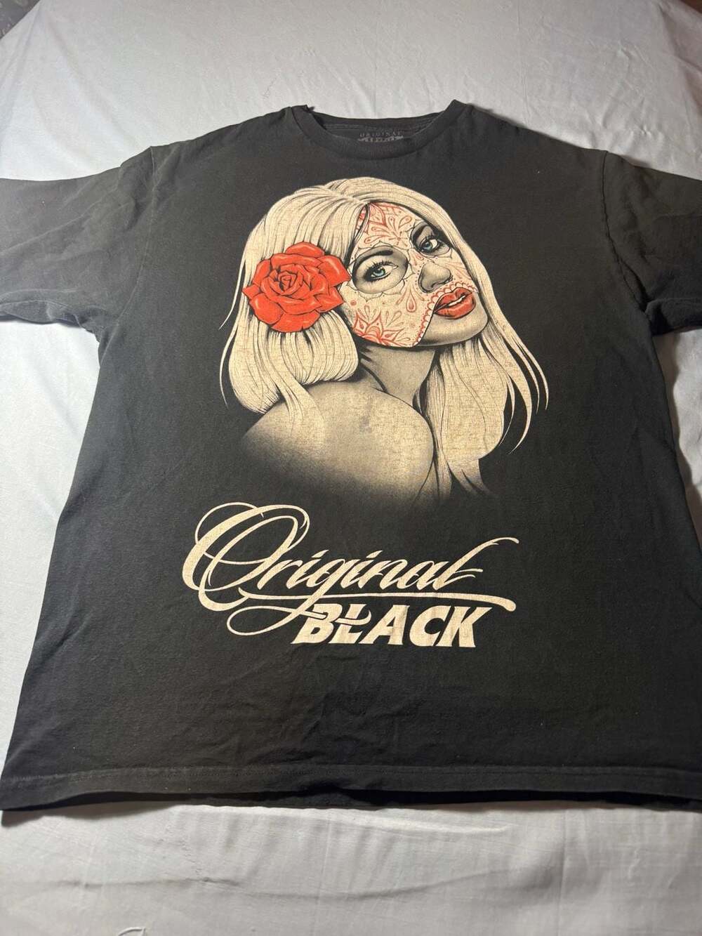 Original Black Sugar Skull Woman Rose Graphic T-Shirt XL